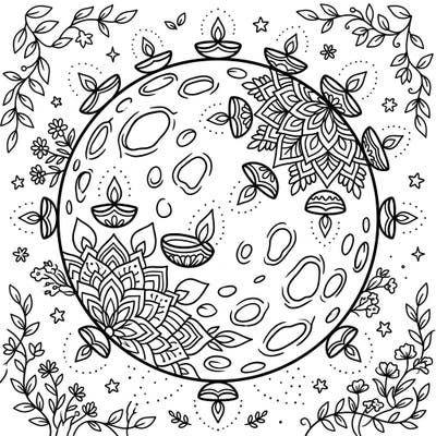 Discover a unique blend of celestial wonder and festive charm with this Moon, Diwali, and Cottagecore coloring page. Adorned with glowing diyas and delicate foliage, it's a perfect canvas for your creative spirit.