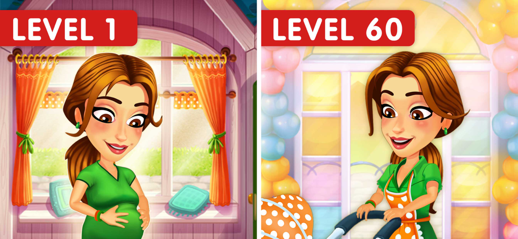 Side by side comparison of Emily pregnant at level 1 and with a baby stroller at level 60