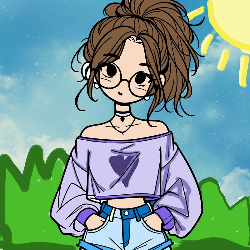 girl with a messy ponytail glasses a baggy crop top and jean shorts