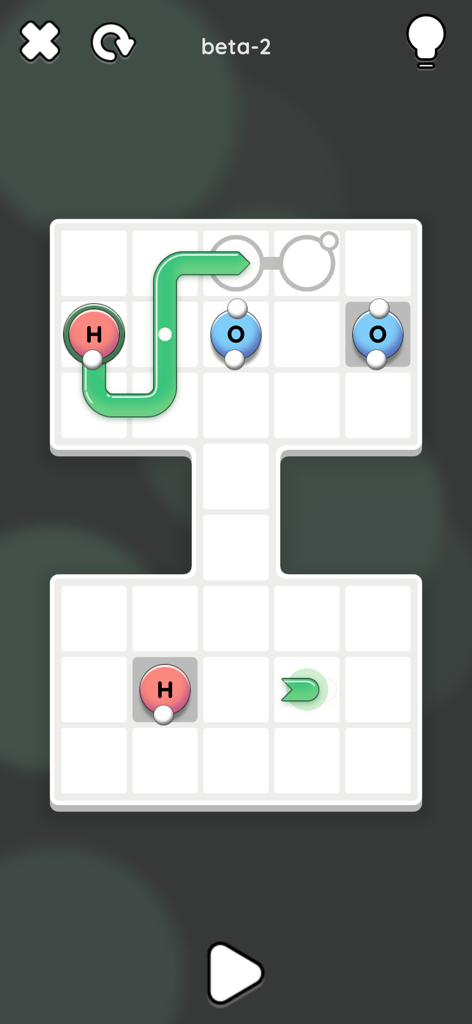 Sokobond Express - Jugabilidad minimalista de Sokobond Express que muestra un rompecabezas de búsqueda de rutas con átomos de hidrógeno y oxígeno en una cuadrícula