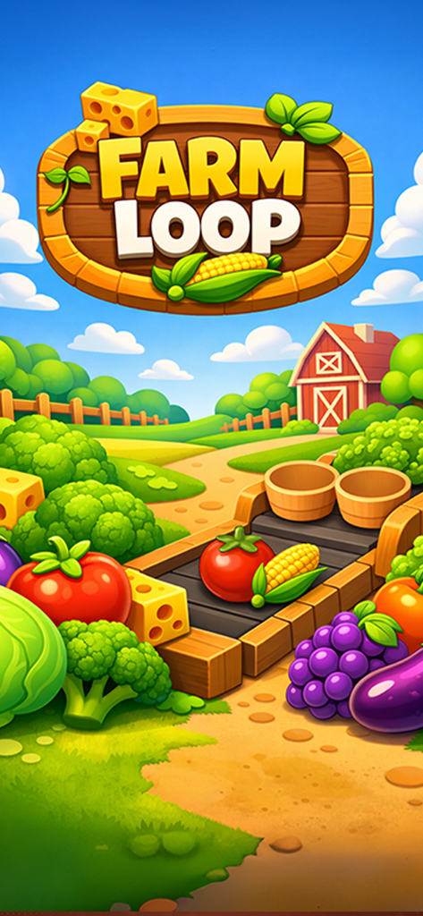Farm Loop: Harvest Puzzle - Farm Loopゲームのタイトルが表示されたカラフルな農場の風景。トマト、ブロッコリー、ブドウ、トウモロコシなどの新鮮な収穫野菜が含まれています。