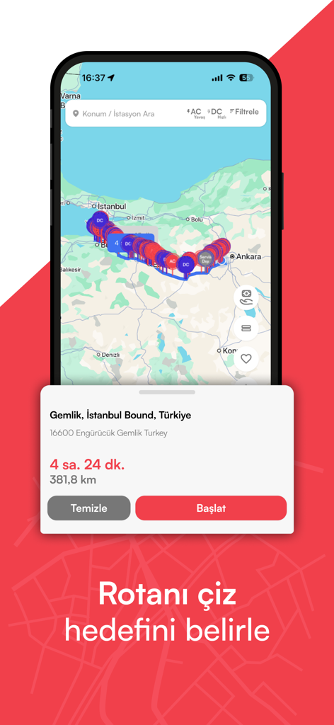 Voltla mobile app map displaying a planned electric vehicle charging route with multiple station icons