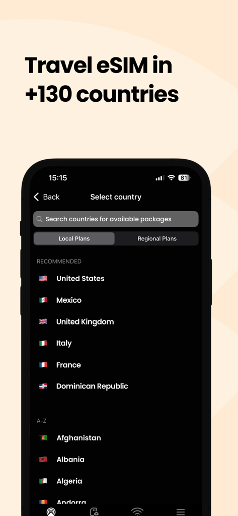 Instabridge: eSIM + Internet - Instabridge App-Oberfläche, die Reise-eSIM-Pakete und die Länderauswahl für internationale Datentarife anzeigt
