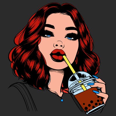 realistic girl with glossy lips holding boba