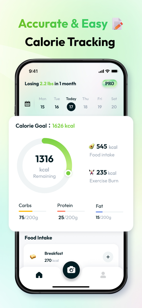 CalCam: AI Diet & Health - CalCam app dashboard showing calorie goal tracking and macronutrient breakdown on an iPhone screen.