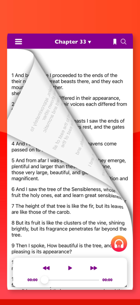 Mobile app interface for the Book of Enoch showing text from Chapter 33 with a page turn effect and integrated audio player