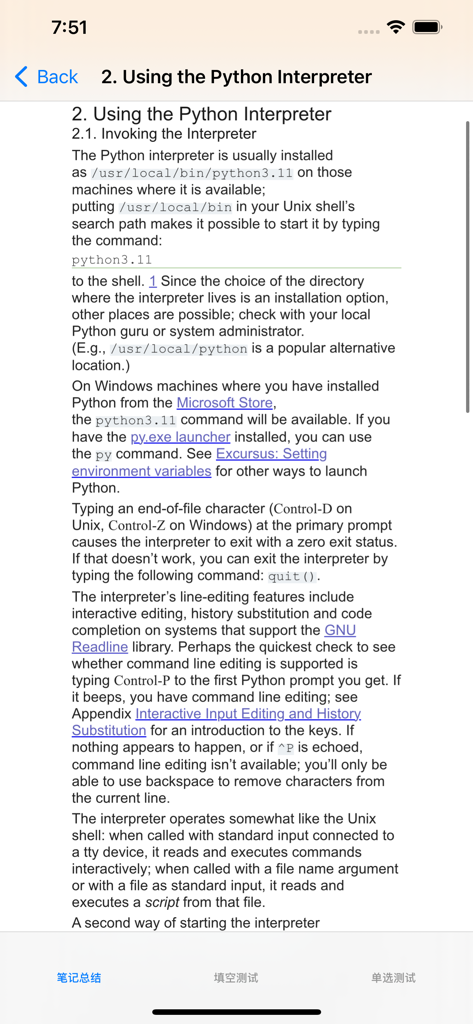 Mobile tutorial page for Python interpreter installation and usage instructions