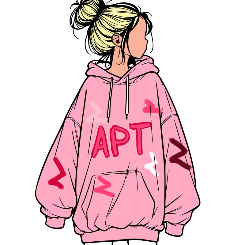 realistic girl with a oversized sweatshirt on and a bun