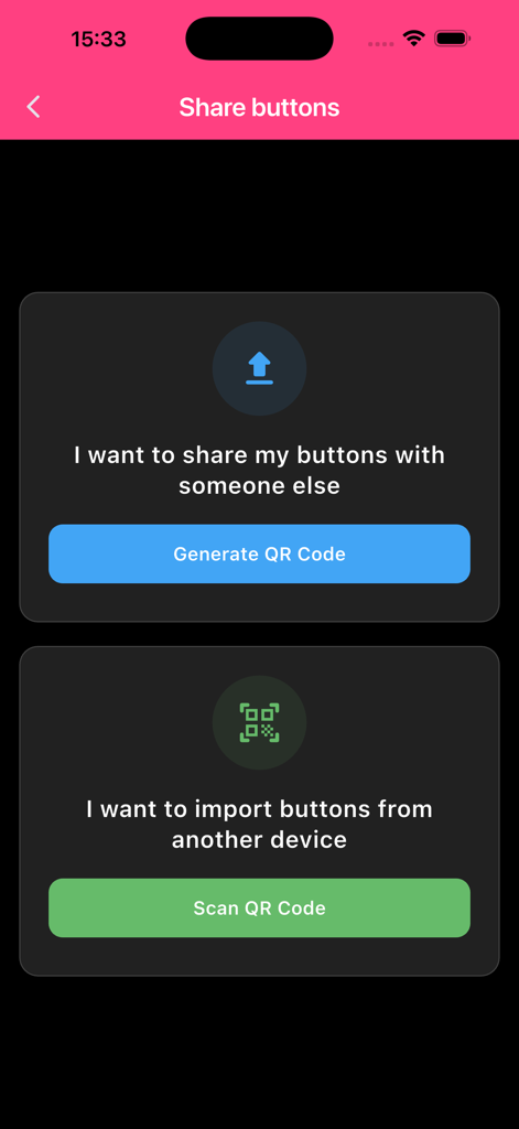 Interfaz para compartir o importar diseños de punto de venta entre dispositivos usando códigos QR