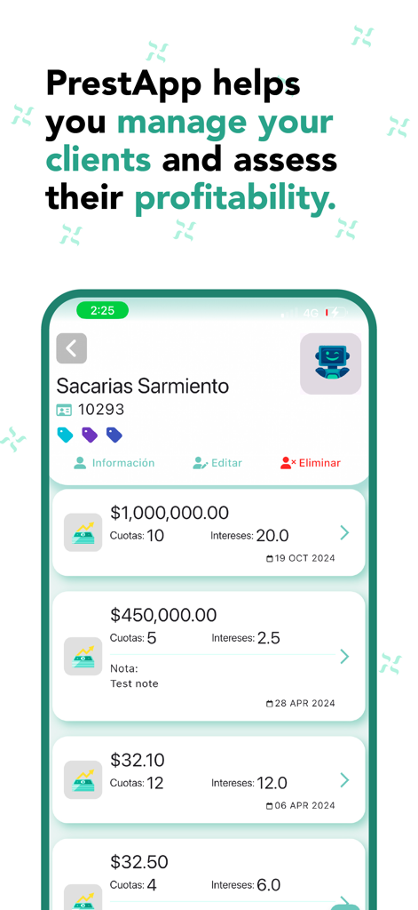 Loan Manager - Cobrapp - Schermata Prestapp che mostra i dettagli del prestito del cliente inclusi l'importo principale e gli interessi