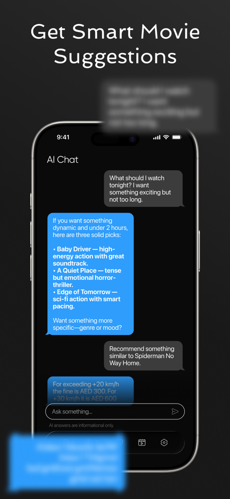 Interfaz de chat de IA en MegaFlix TV proporcionando sugerencias inteligentes de películas
