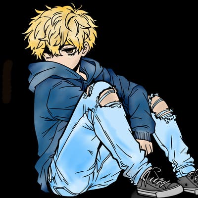 a male hoddie ripped jeans messy hair anime