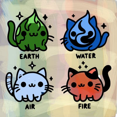 4 cats that represent the different elements, earth, water, air, and fire