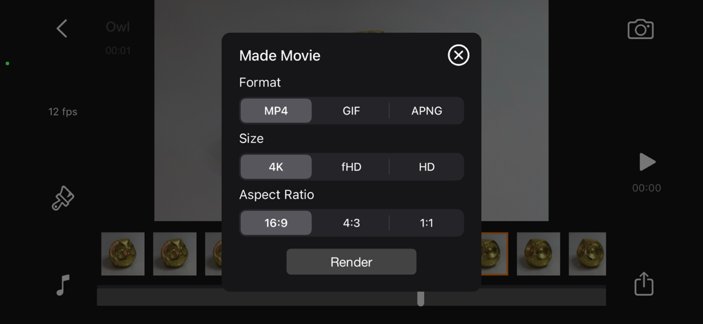 Stop Motion Plus movie export panel showing format size and aspect ratio options