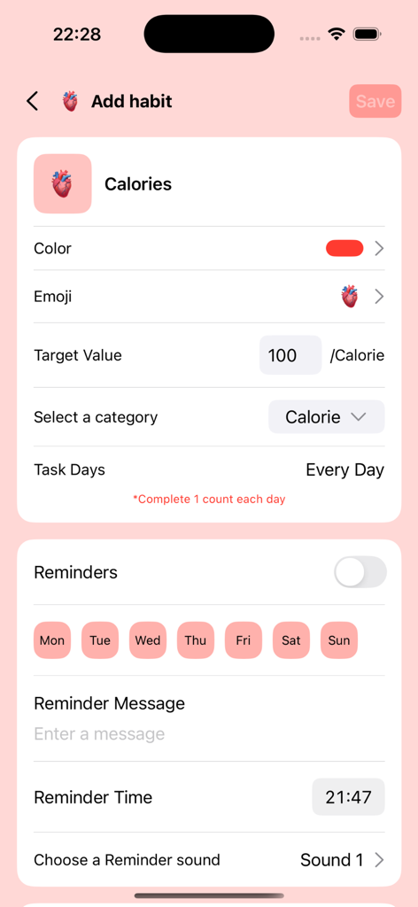 Habitify: Goals Tracker - Habitify Goals Trackerの画面。カロリー目標の「習慣を追加」画面が表示され、絵文字、色、毎日のリマインダーのカスタマイズオプションがあります