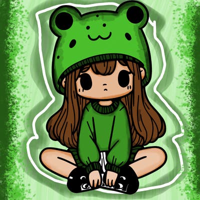 a girl wearing a frog hat and some frog socks
