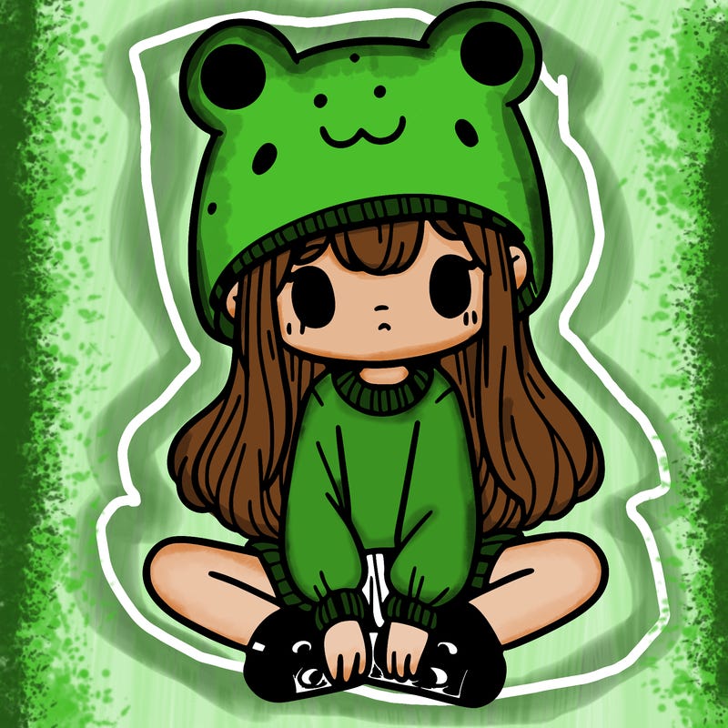 a girl wearing a frog hat and some frog socks