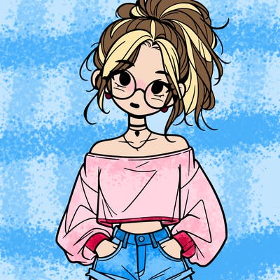 girl with a messy ponytail glasses a baggy crop top and jean shorts