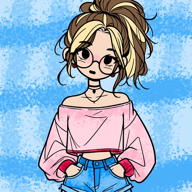 girl with a messy ponytail glasses a baggy crop top and jean shorts