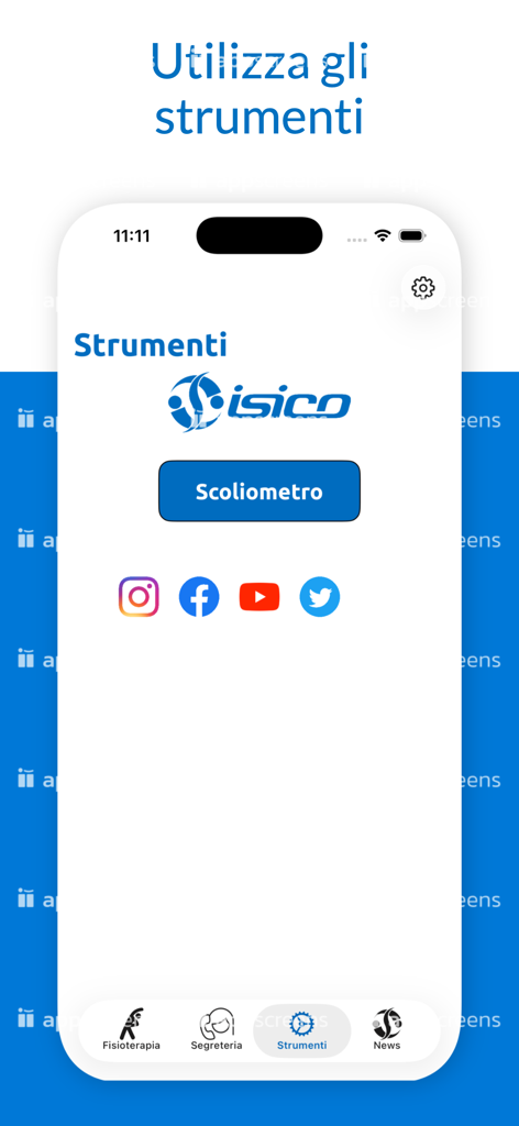 ISICOapp - Pantalla de herramientas de la aplicación ISICOapp con un botón de escoliómetro y enlaces a redes sociales.