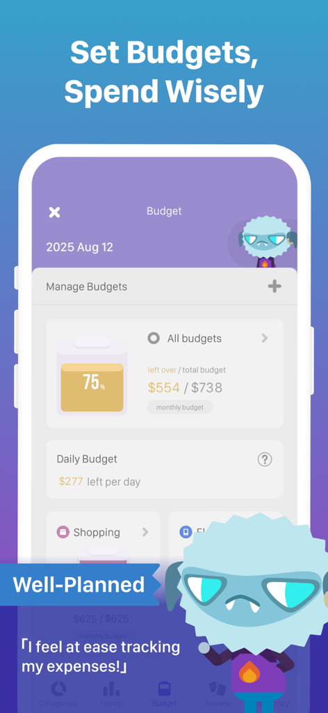 Fortune City app budget management interface showing monthly and daily spending progress with a cute blue character mascot