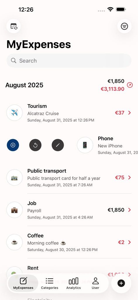 Transaction history view in the MyExpenses app displaying income and categorized expenses.
