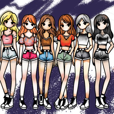 a group of girls wearing crop tops and shorts