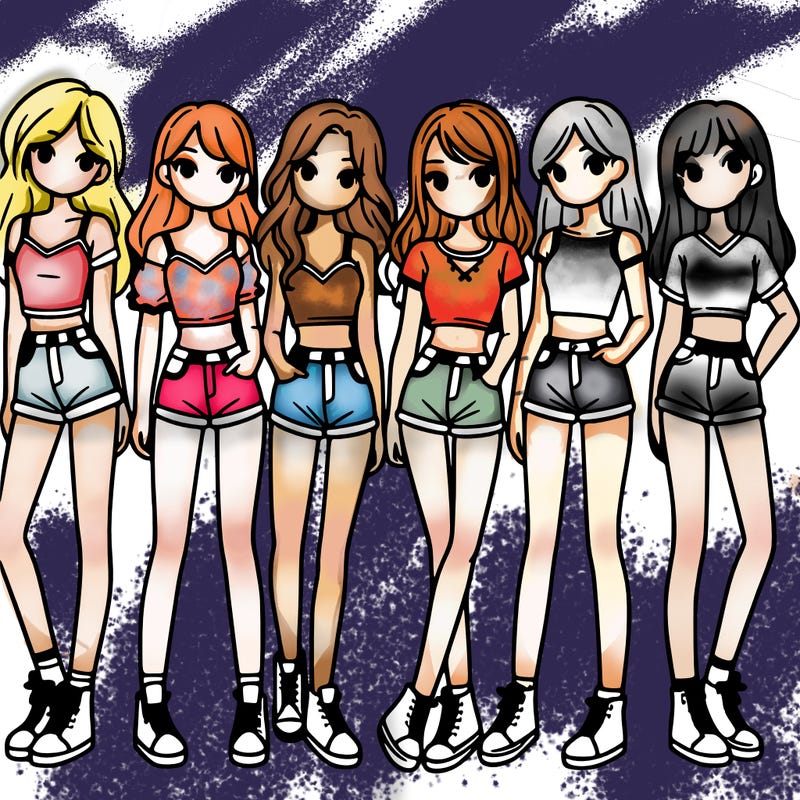 a group of girls wearing crop tops and shorts
