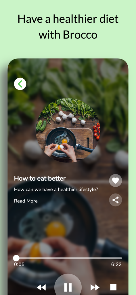 A screenshot of the Brocco app showing an educational lesson titled How to eat better with a media player interface and healthy cooking imagery