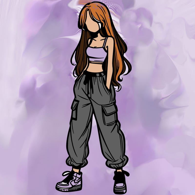 girl in baggy pants crop top and long hair