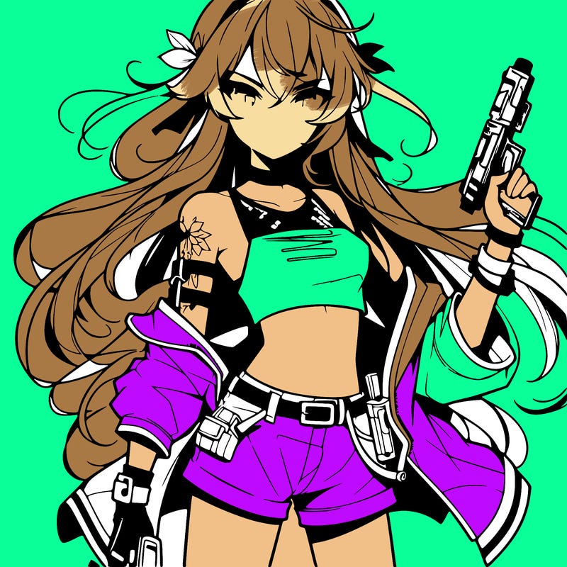 bad girl wearing crop top holding a gun long hair anime