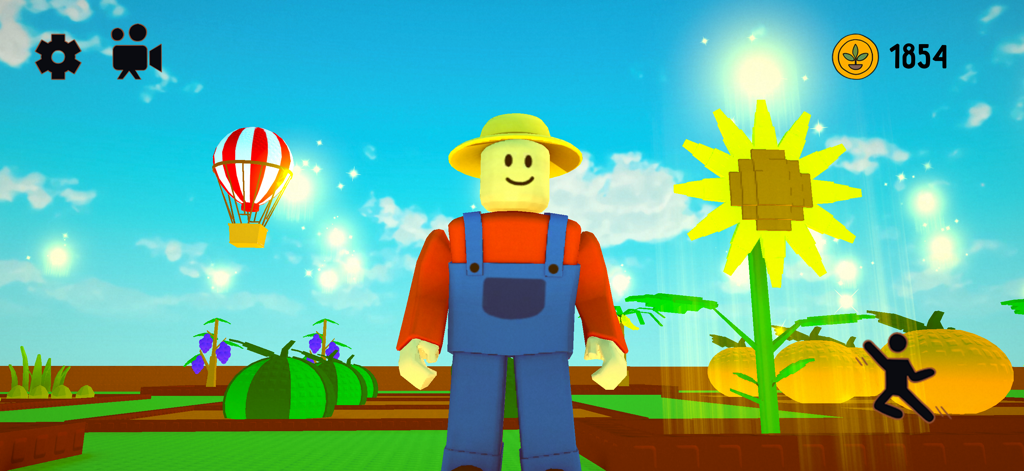Farm 3D — Garden Game - Un personnage 3D en salopette bleue et chapeau de soleil debout dans un jardin à côté d'un grand tournesol et de citrouilles.