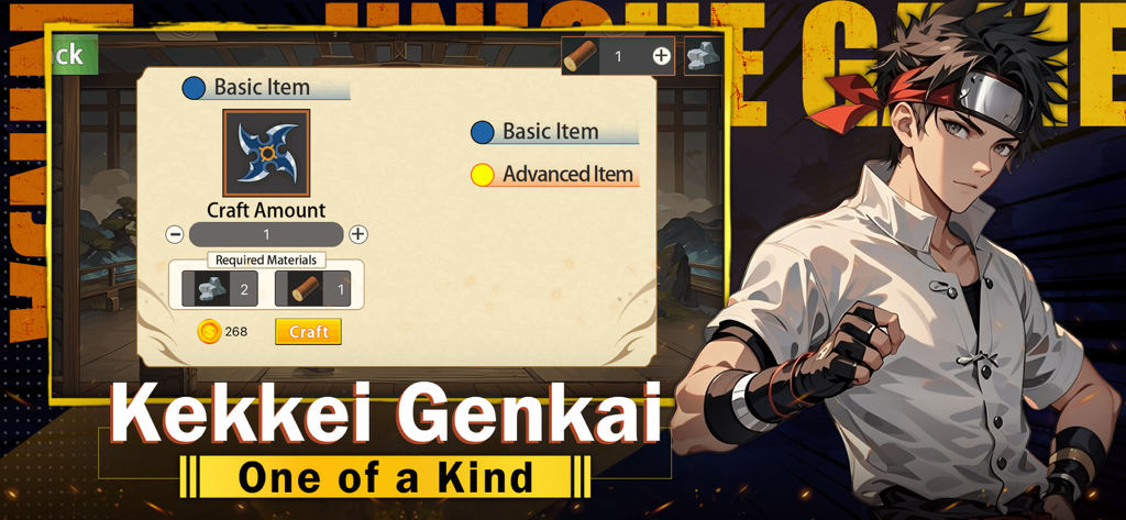 Konoha:Tailed Chaos - Menü im Spiel von Konoha Tailed Chaos, das die Herstellung von Gegenständen für einen Ninja-Shuriken und einen Anime-Charakter zeigt.