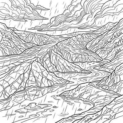 Immerse yourself in the breathtaking beauty of a glacial landscape caught in a gentle rain shower with this unique coloring page. Perfect for a cozy rainy day, this intricate design invites you to bring a dramatic natural scene to life with your favorite colors.