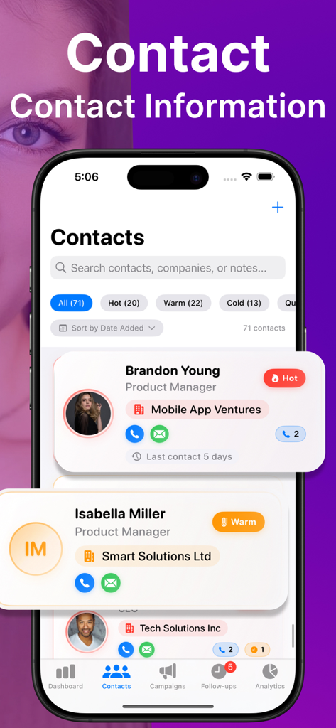 Connect Pro CaIler - Connect Pro Caller app interface showing organized contacts with lead status labels like hot and warm in a glassmorphism design