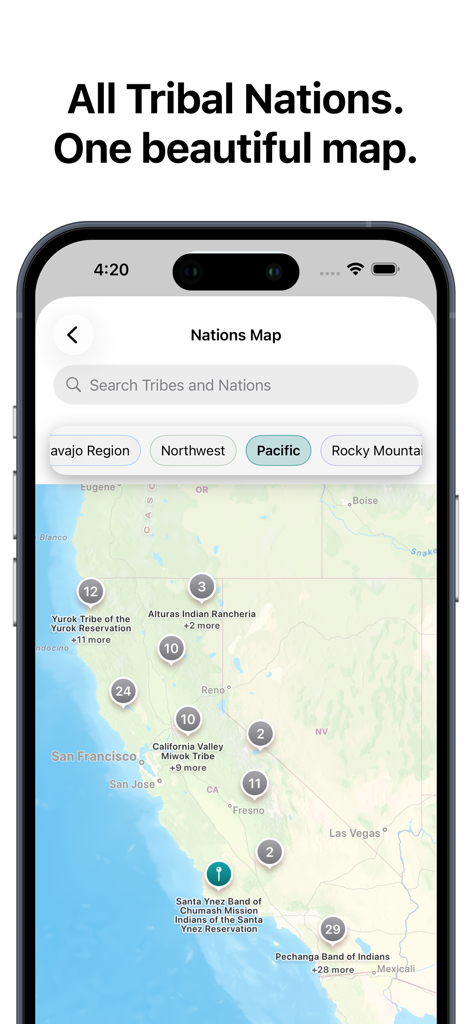 Native Nations - Interface de l'application Native Nations montrant une carte interactive des emplacements tribaux aux États-Unis