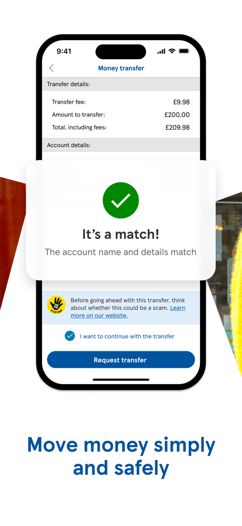 Tesco Bank app money transfer confirmation screen showing an account name match and security warning