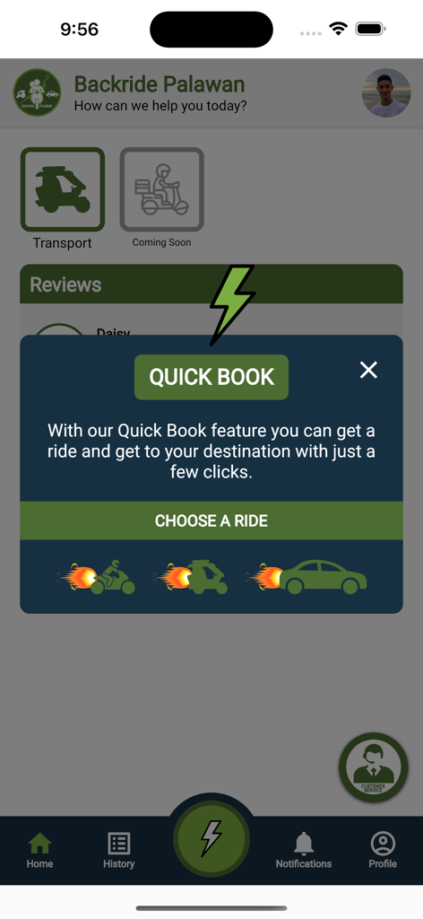 Interfaz de la función de reserva rápida de la aplicación Backride Pinas que muestra la selección de viajes