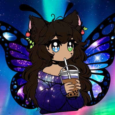 a realistic butterfly/furry girl drinking boba