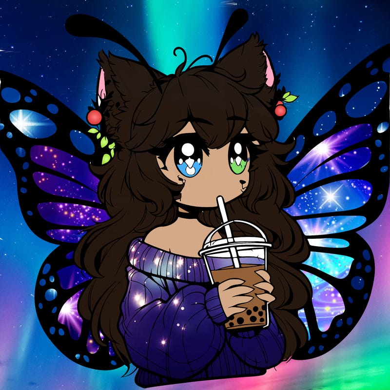 a realistic butterfly/furry girl drinking boba