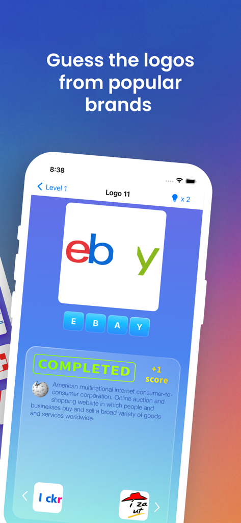 Logo Quiz - Guess This Brand! - Logo Quiz mobile game interface showing a completed level for the eBay brand logo.