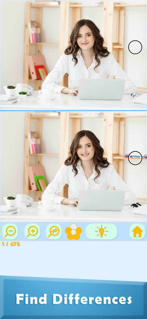 Find Differences: Happy People - Spot the difference puzzle featuring two photos of a woman sitting at an office desk with a laptop