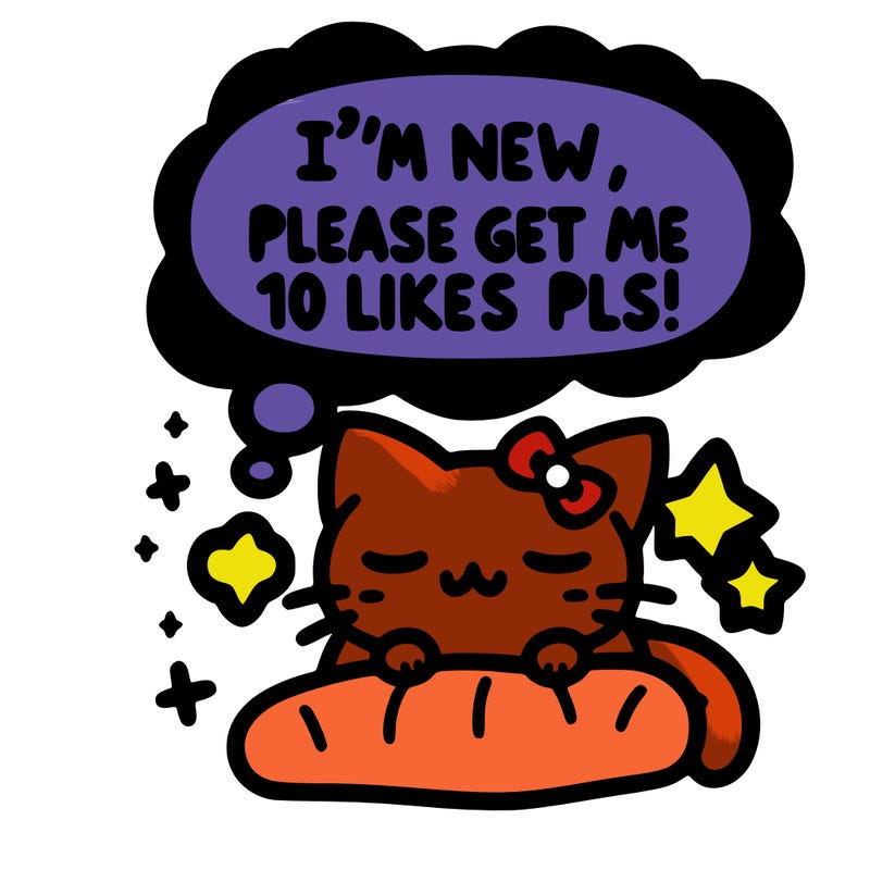 kitty taking a nap dream talking and saying "i'm new, please get me at least 10 likes pls!!"