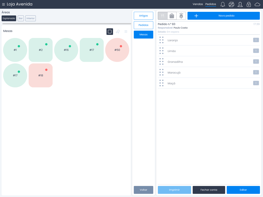 Moloni POS - Moloni POS interface showing a restaurant table layout and active customer order details.