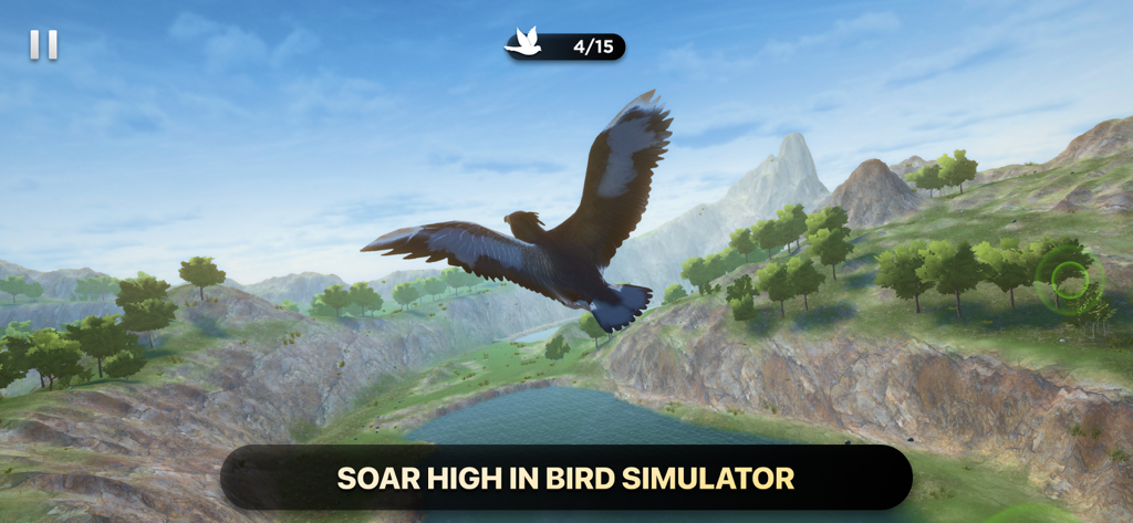 Bird Fly High 3D Simulator - A bird flying over a scenic 3D landscape with hills, trees, and a lake in a bird flight simulator game.