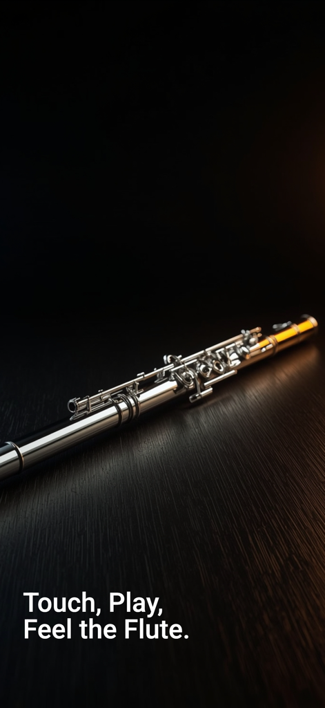 Flute Sim - Una flauta plateada realista descansando sobre una superficie de madera oscura con el lema Toca Siente la Flauta