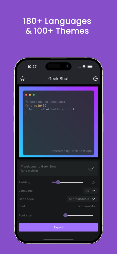 Geek Shot - Geek Shot app interface displaying code snippet customization with syntax highlighting and export options