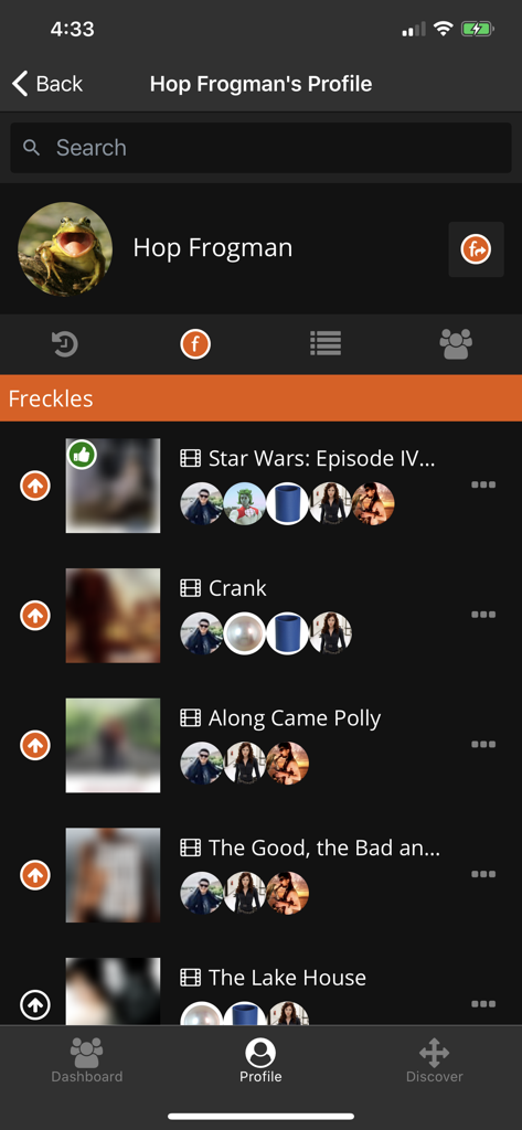 Freckle - Freckle app user profile screen displaying a list of movie and TV show recommendations.
