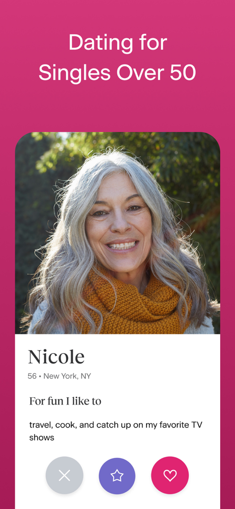 Ourtime - Meet 50+ Singles - Ourtime dating app profile for singles over 50 showing a woman named Nicole