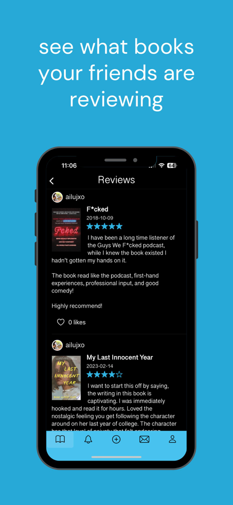 BookTalk - ユーザーが最近読んだ本の評価や意見を共有するBookTalkアプリのレビューフィードが表示されているiPhone画面